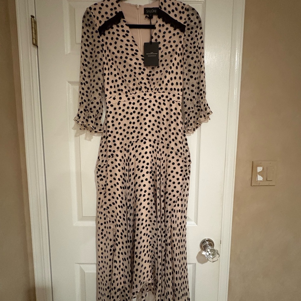 SALONI High Low Dress with Black Polka Dots on Cream